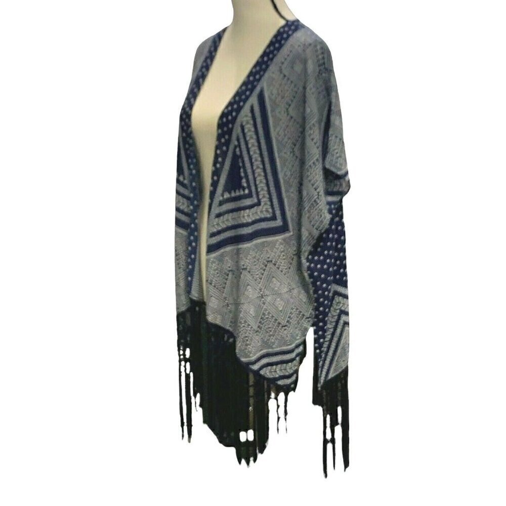 Maurices Womens Open Front Fringe Bottom Cardigan Size S/M Sleeve Blue White